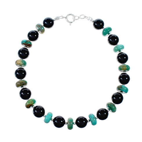 Navajo Turquoise And Onyx Sterling Silver Bead Bracelet NX12080