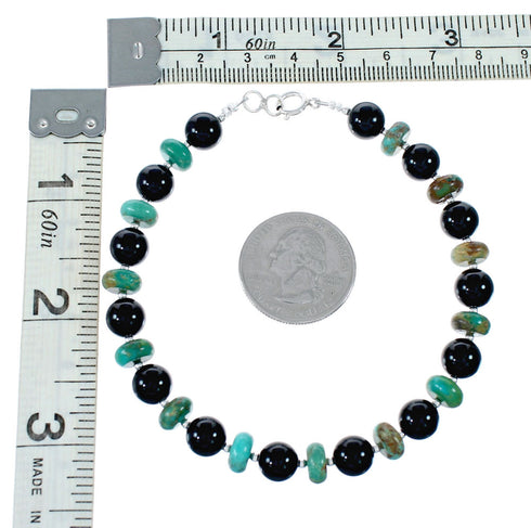 Navajo Turquoise And Onyx Sterling Silver Bead Bracelet NX12080