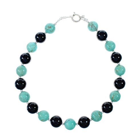 Turquoise And Onyx Navajo Sterling Silver Bead Bracelet NX12081