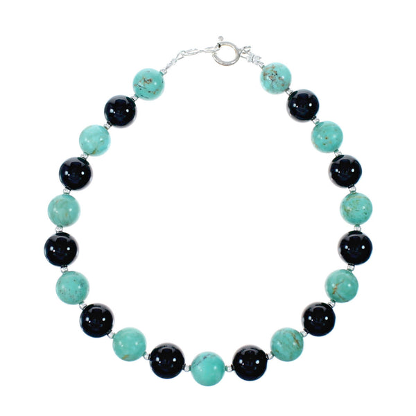 Turquoise And Onyx Navajo Sterling Silver Bead Bracelet NX12081