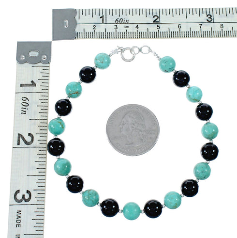 Turquoise And Onyx Navajo Sterling Silver Bead Bracelet NX12081