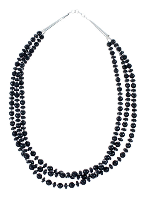 Native American 3 Strand Onyx Sterling Silver Bead Necklace NX12093