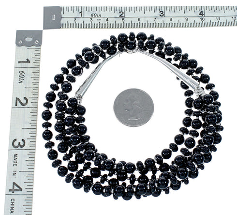 Native American 3 Strand Onyx Sterling Silver Bead Necklace NX12093