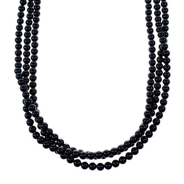 Navajo 3 Strand Onyx Sterling Silver Bead Necklace NX12094