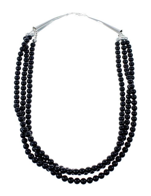 Navajo 3 Strand Onyx Sterling Silver Bead Necklace NX12094