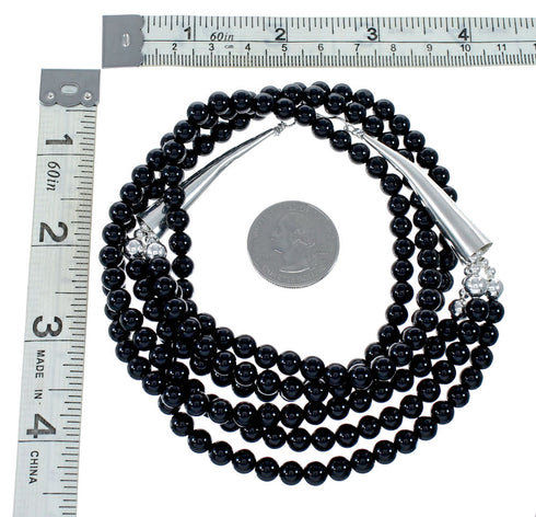 Navajo 3 Strand Onyx Sterling Silver Bead Necklace NX12094