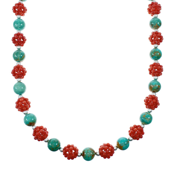 Southwest Genuine Coral Turquoise Sterling Silver Bead Necklace NX12096