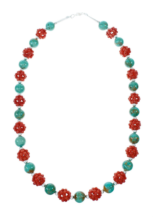 Southwest Genuine Coral Turquoise Sterling Silver Bead Necklace NX12096