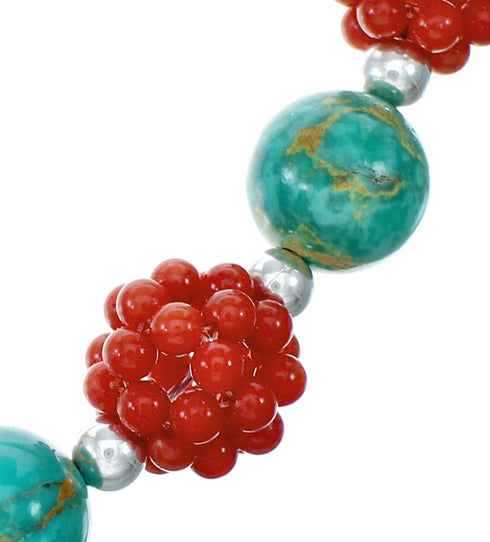 Southwest Genuine Coral Turquoise Sterling Silver Bead Necklace NX12096