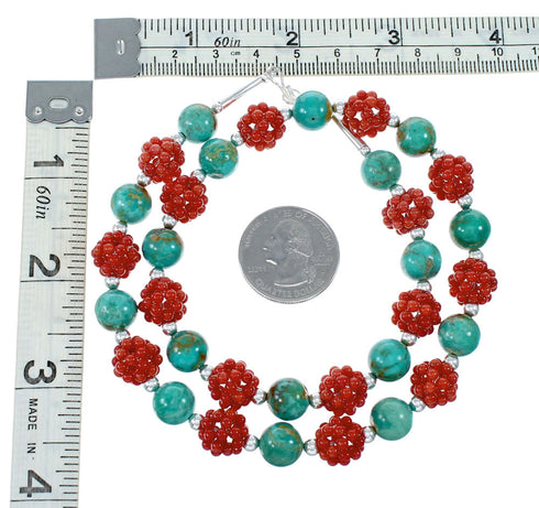 Southwest Genuine Coral Turquoise Sterling Silver Bead Necklace NX12096