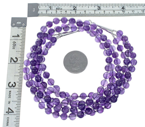 Native American Amethyst Sterling Silver 3-Strand Bead Necklace NX12102