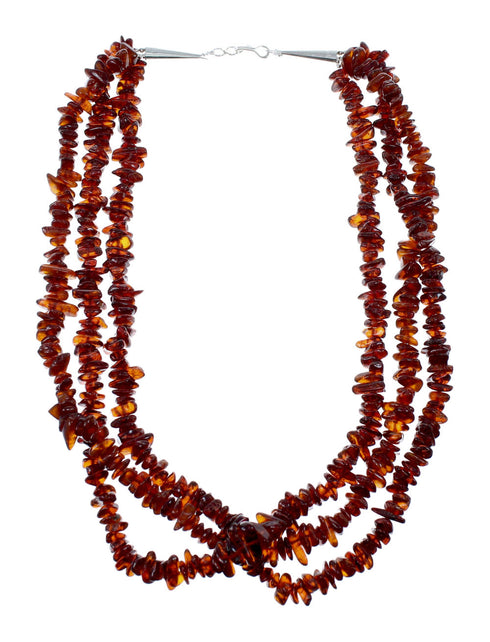 Amber And Sterling Silver 3-Strand Southwest Bead Necklace NX12100