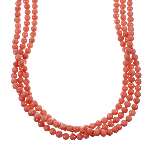 3-Strand Coral And Sterling Silver Navajo Bead Necklace NX12099