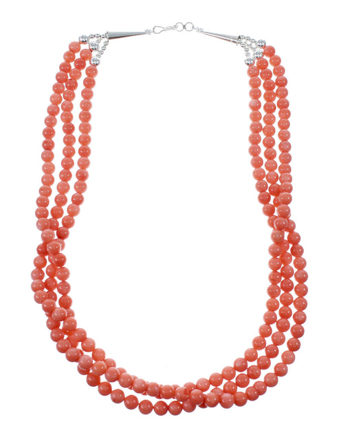 3-Strand Coral And Sterling Silver Navajo Bead Necklace NX12099
