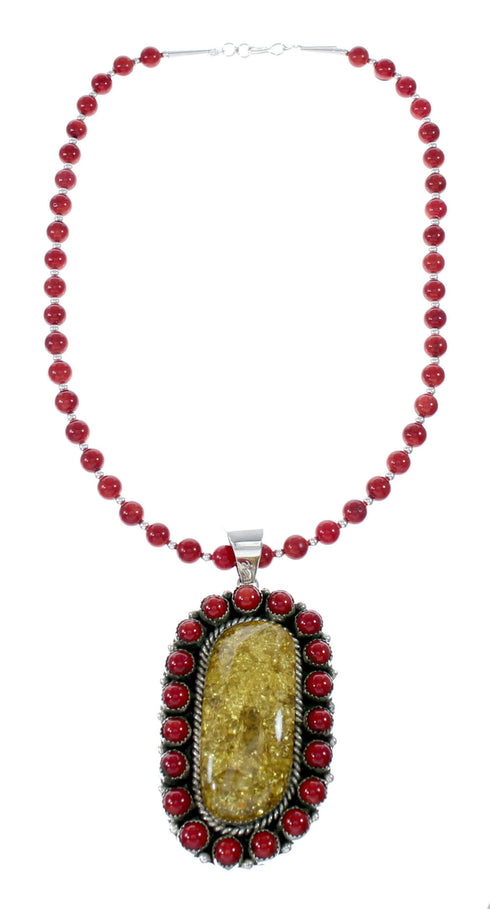 Native American Coral and Amber Bead Sterling Silver Necklace Pendant Set NX12106