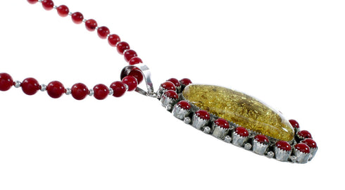 Native American Coral and Amber Bead Sterling Silver Necklace Pendant Set NX12106