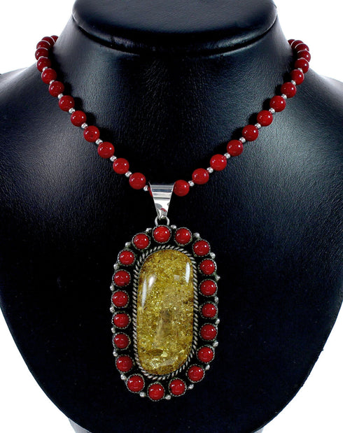 Native American Coral and Amber Bead Sterling Silver Necklace Pendant Set NX12106