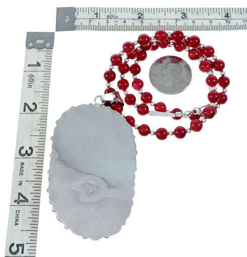 Native American Coral and Amber Bead Sterling Silver Necklace Pendant Set NX12106