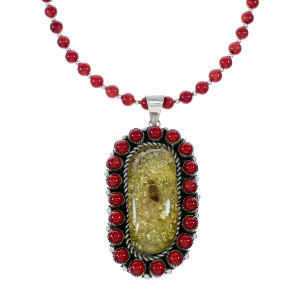 Navajo Coral and Amber Bead Sterling Silver Necklace Pendant Set NX12107