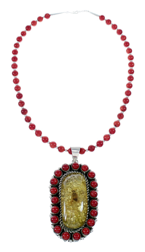 Navajo Coral and Amber Bead Sterling Silver Necklace Pendant Set NX12107