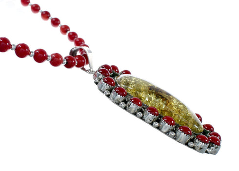 Navajo Coral and Amber Bead Sterling Silver Necklace Pendant Set NX12107