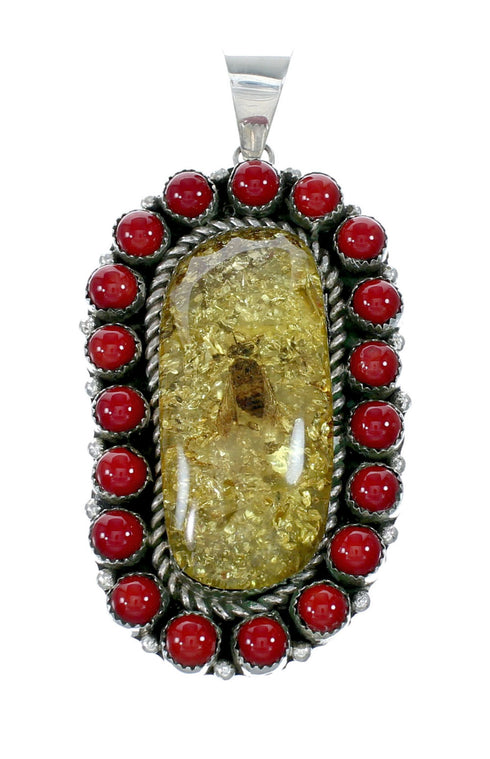 Navajo Coral and Amber Bead Sterling Silver Necklace Pendant Set NX12107