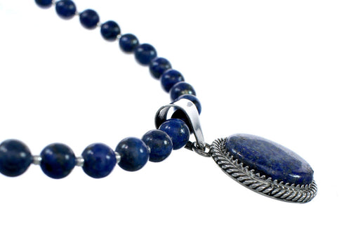 Navajo Lapis Sterling Silver And Bead Pendant Necklace Set NX12105