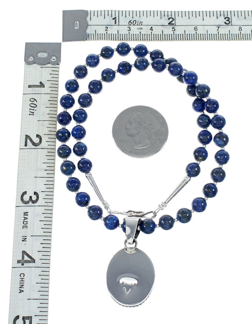 Navajo Lapis Sterling Silver And Bead Pendant Necklace Set NX12105