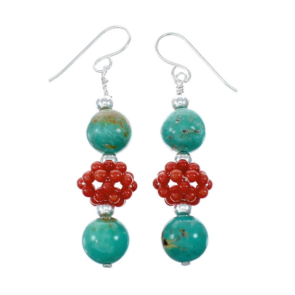 Navajo Turquoise And Coral Sterling Silver Bead Hook Dangle Earrings NX12110