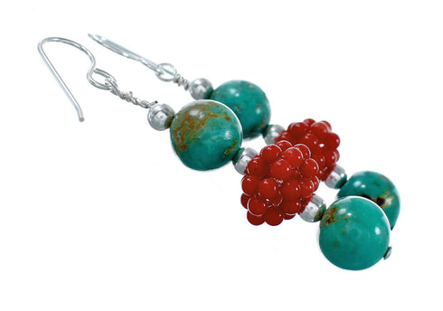 Navajo Turquoise And Coral Sterling Silver Bead Hook Dangle Earrings NX12110