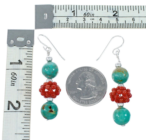 Navajo Turquoise And Coral Sterling Silver Bead Hook Dangle Earrings NX12110