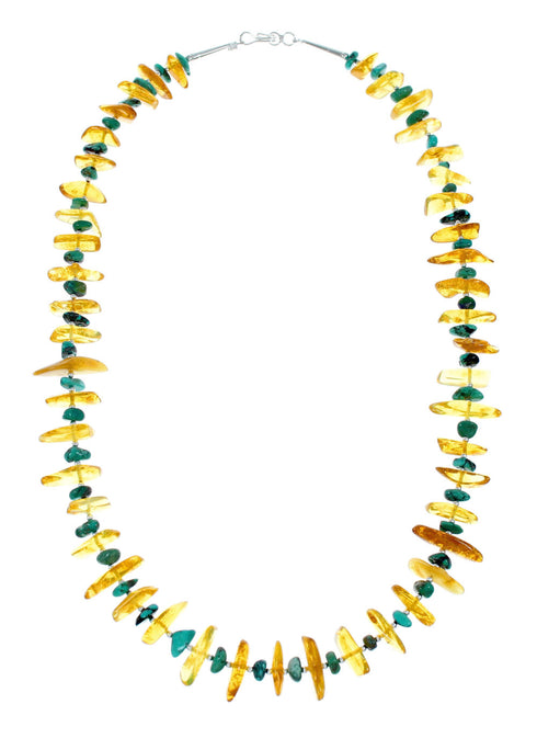 Native American Navajo Turquoise and Amber Bead Sterling Silver Necklace NX12137