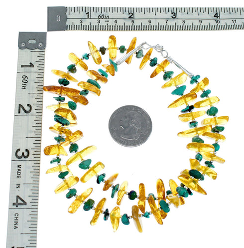 Native American Navajo Turquoise and Amber Bead Sterling Silver Necklace NX12137