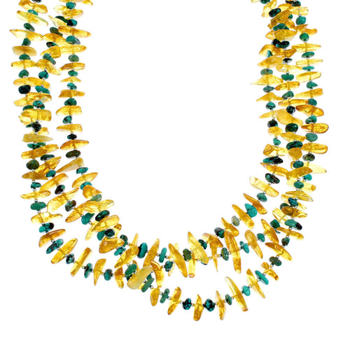 3-Strand Navajo Turquoise and Amber Bead Sterling Silver Necklace NX12138