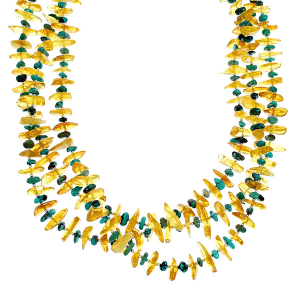3-Strand Navajo Turquoise and Amber Bead Sterling Silver Necklace NX12138