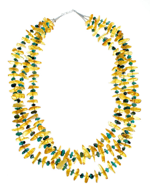 3-Strand Navajo Turquoise and Amber Bead Sterling Silver Necklace NX12138
