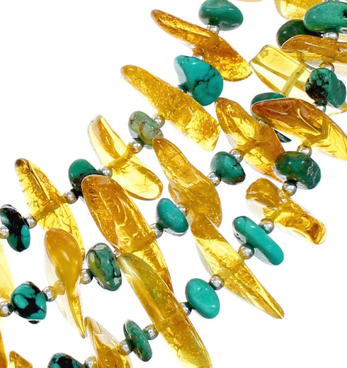 3-Strand Navajo Turquoise and Amber Bead Sterling Silver Necklace NX12138
