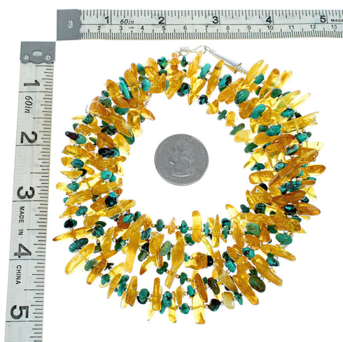 3-Strand Navajo Turquoise and Amber Bead Sterling Silver Necklace NX12138