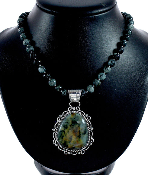 Genuine Sterling Silver Green Opal Bead Necklace Pendant Set NX12147