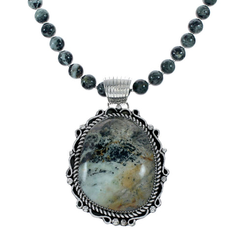 Native American Navajo Sterling Silver Green Opal Bead Necklace Pendant Set NX12149