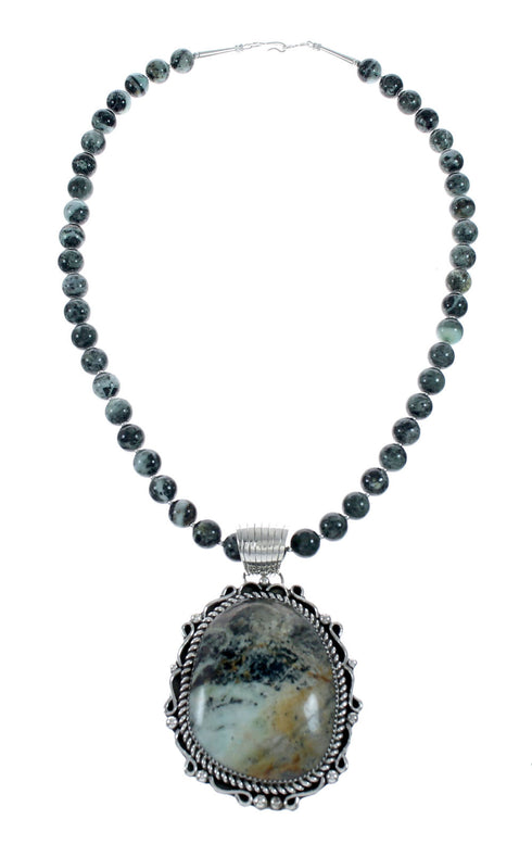 Native American Navajo Sterling Silver Green Opal Bead Necklace Pendant Set NX12149