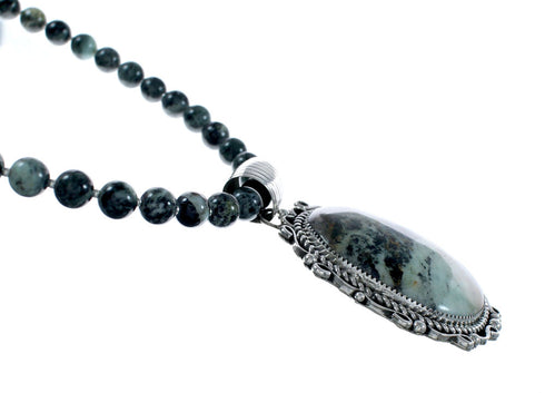 Native American Navajo Sterling Silver Green Opal Bead Necklace Pendant Set NX12149