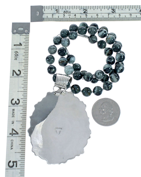 Native American Navajo Sterling Silver Green Opal Bead Necklace Pendant Set NX12149