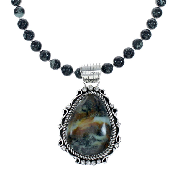 Navajo Sterling Silver Green Opal Bead Necklace Pendant Set NX12150