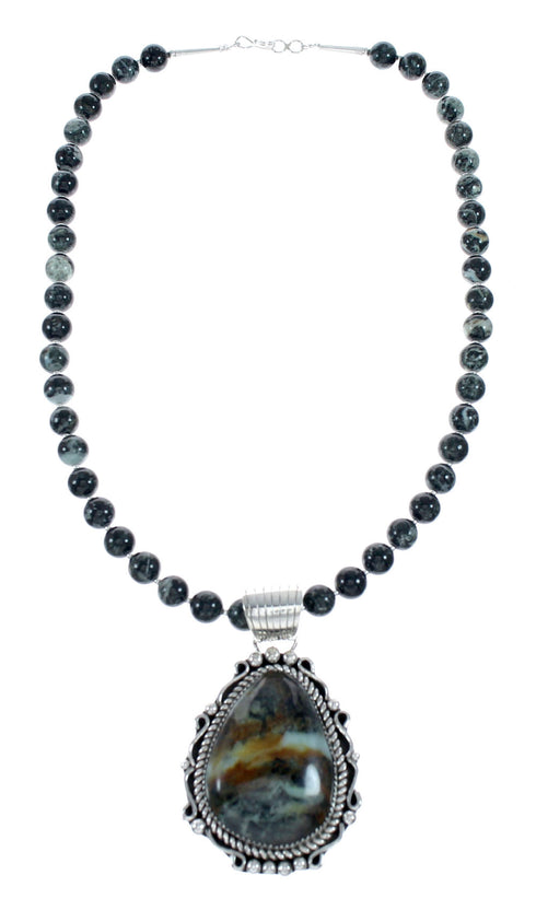 Navajo Sterling Silver Green Opal Bead Necklace Pendant Set NX12150