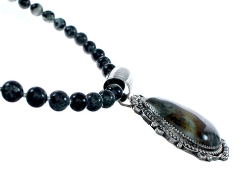 Navajo Sterling Silver Green Opal Bead Necklace Pendant Set NX12150