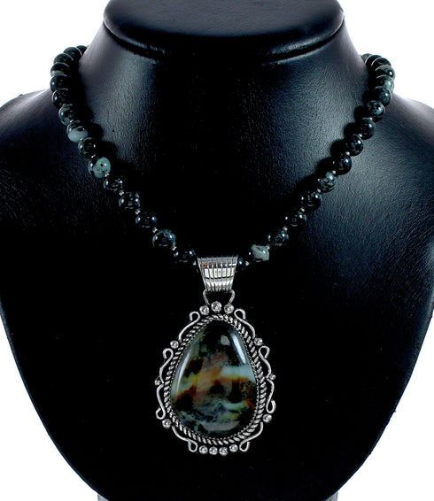 Navajo Sterling Silver Green Opal Bead Necklace Pendant Set NX12150