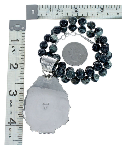 Navajo Sterling Silver Green Opal Bead Necklace Pendant Set NX12150