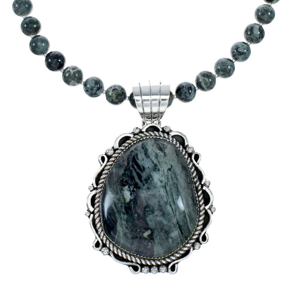 Navajo Sterling Silver Green Opal Bead Necklace Pendant Set NX12151