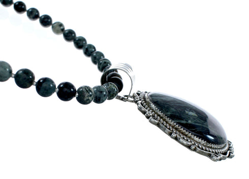 Navajo Sterling Silver Green Opal Bead Necklace Pendant Set NX12151